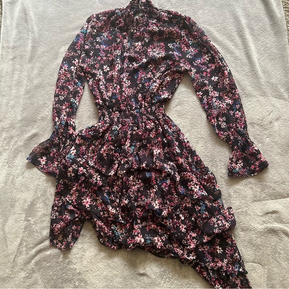 MISA Los Angeles Savannah Asymmetric Dress in Black/Pink Floral - Picture 2 of 8